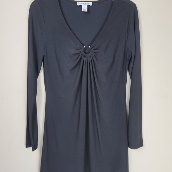 White House Black Market Womens Black V-Neck Tunic Top Gathered Front Detail - Picture 3 of 9